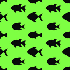 Black fish silhouettes on light-green background: aquarium seamless pattern. Vector graphics.