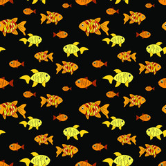Yellow cartoon fish on black background: aquarium seamless pattern. Vector graphics.