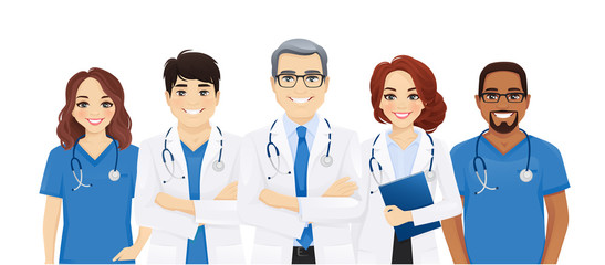 Multiethnic doctor team group with leader isolated vector illustration