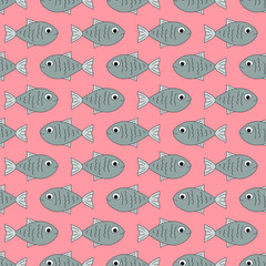 Grey cartoon fish on pink background: aquarium seamless pattern. Vector graphics.