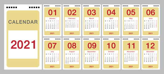 Colorful Year 2021 calendar vector design template, simple and clean design. Calendar for 2021 on White Background for organization and business. Week Starts Monday.
