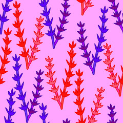 Blue and red seaweed on pink background: abstract floral seamless pattern. Vector graphics.