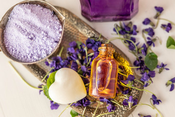 viola violetta odorata skin care product fragrant lilac soap with lilac spa bath salts and tincture body oil 