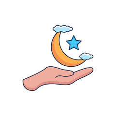Flat Illustration Vector Graphic of Hand, Moon, Stars and Cloud for Celebration Ramadan. Perfect for Your Banner, Brochure, Apps Icon, and etc.