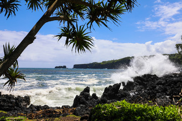 A Stop on a tour of the Road to Hana Maui Hawaii with Waves Crashing over Volcanic Rock 