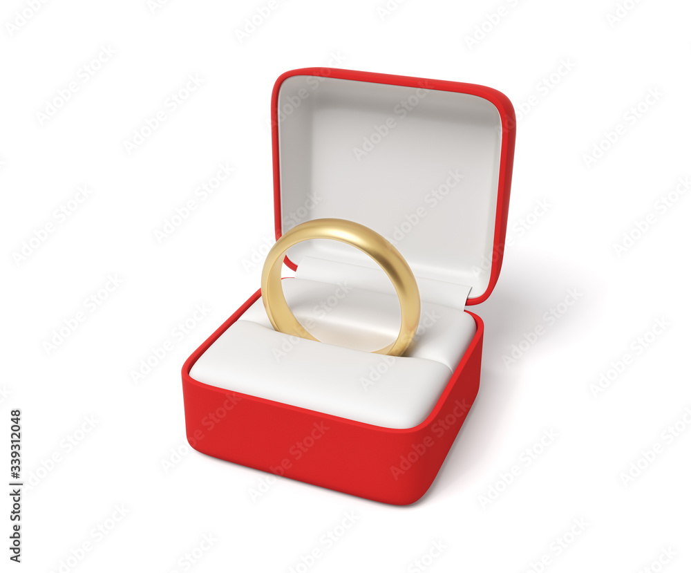 Poster 3d close-up rendering of gold ring in open red box on white background.