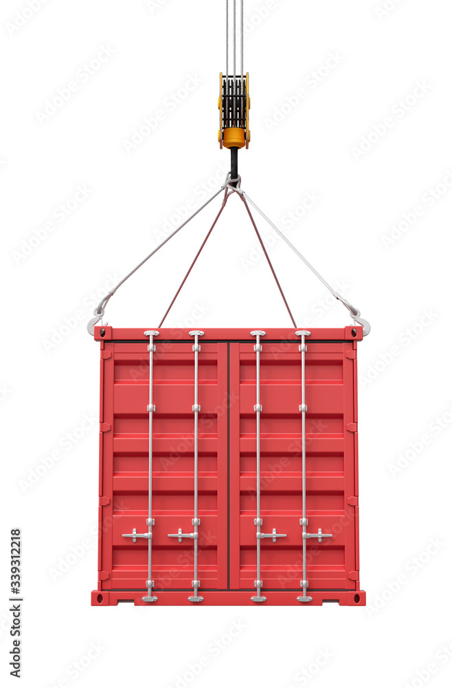Poster 3d rendering of closed red cargo container suspended from crane, isolated on white background.