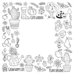 Cute gardening. Icons for banners. Vector pattern for backgrounds.