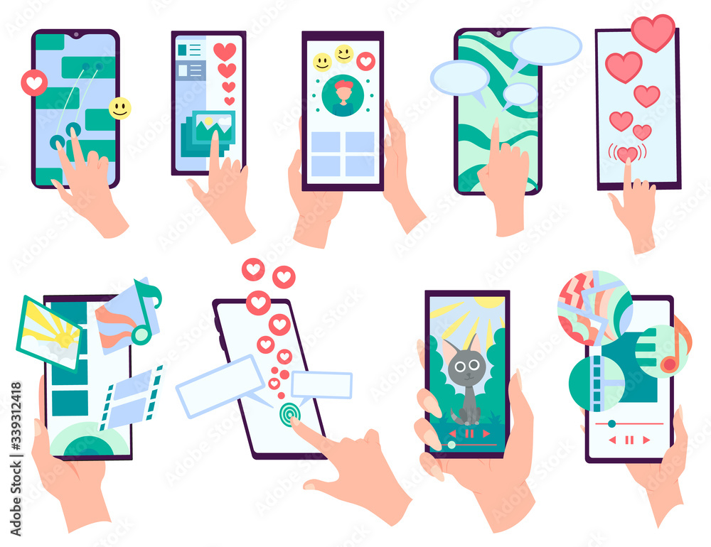 Poster set of hands holding smartphones with heart emoji message on screen, like button. social network and