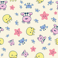 Cute cartoon crab vector seamless pattern background. Multicolor crustacean, jellyfish and starfish backdrop. Marine wildlife kawaii style design. All over print for vacation, baby kids beach concept