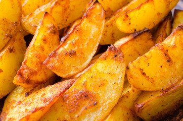 Golden spicy potato wedges fried or oven baked closeup.