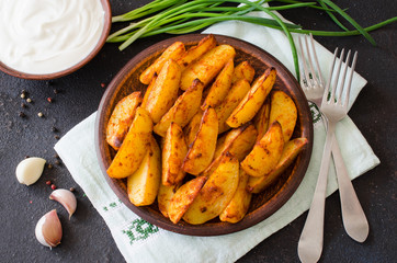 Golden spicy potato wedges fried or oven baked with garlic, sauce and onion.