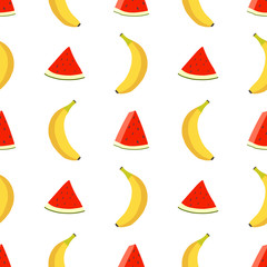 Seamless pattern with the image of banana and watermelon.