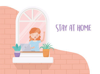 stay at home quarantine, woman with laptop window potted plants