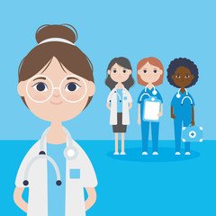 cartoon doctor woman and group of medical doctors women staff, colorful design