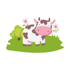 cow flowers grass farm animal cartoon isolated icon on white background