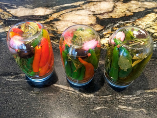 Green, red peppers freshly picked and marinated in pots