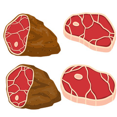 Piece of raw meat. Fresh red food with streaks and fat. Element of kitchen, grill, BBQ, steak and delicious meal. Cartoon illustration. Cut off half beef piece