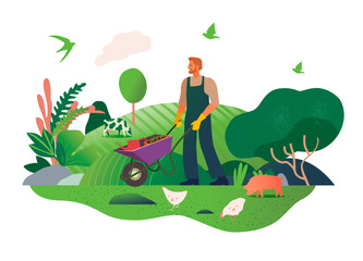 Happy Spring. Gardening. Modern flat vector concept illustration of a man doing hobby gardening work - watering, planting, loosening, organizing spring gardening concept. Gardening people. 