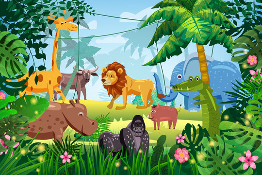 Cute Set Animals in Jungle tropical rainforest background landscape. Lion, giraffe, gorilla, hippo, elefant, buffolo, crocodile warthog pig