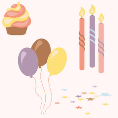 Hand drown cake. candles, balloons seamless pattern. Birthday party decoration element and background