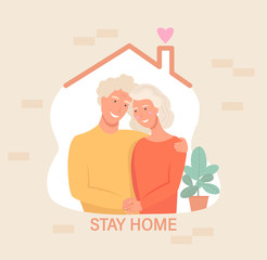 Grandparents in isolation.Stay home template for banner, poster, flyer.Awareness social media campaign and coronavirus prevention. Quarantine during pandemia. Health care concept. Vector illustration.