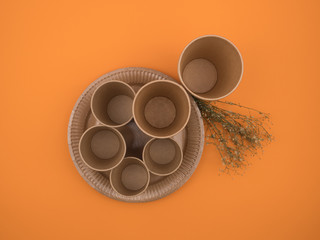 Disposable tableware from eco-friendly materials on orange background.