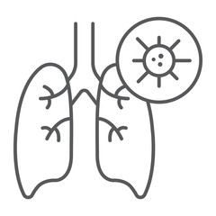 Pneumonia thin line icon, flu and coronavirus, lungs with covid-19 sign, vector graphics, a linear icon on a white background, eps 10.