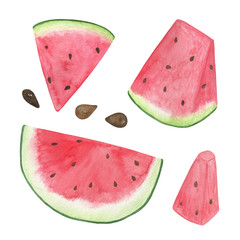 Watercolor illustration of a watermelon slices set on the white background, sweet red juicy fruit, healthy and organic diet simple food pattern, symbol of summer and holiday relax