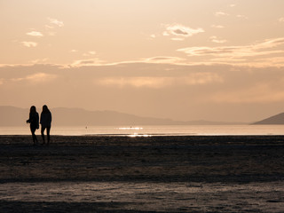 Silhouettes of couple walking along the beach during sunset
