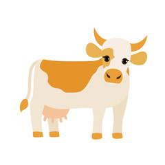 adult cow stands light with brown spots, farm animal. flat vector illustration. Milk, dairy, farm product design element.