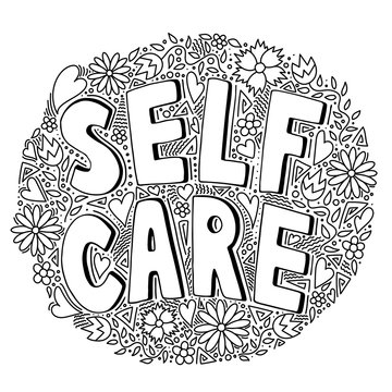 Self care black and white doodle icon with floral pattern, vector illustration. Motivational sign about taking care and loving yourself.