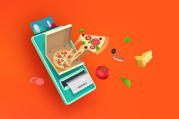 Online shopping pizza delivery payment via mobile phone, with cheese slice and food icons around smartphone.