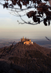 German Hohenzollern Castle on a lonely mountain in the dreary winter