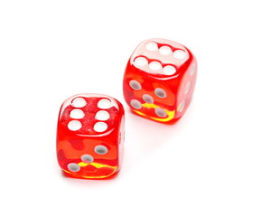 Red playing, gambling dice for tabletop games and poker isolated on white background with clipping 