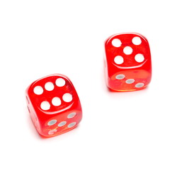 Red playing, gambling dice for tabletop games and poker isolated on white background with clipping 