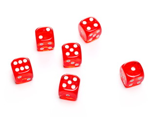 Red playing, gambling dice for tabletop games and poker isolated on white background with clipping 