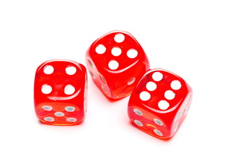 Red playing, gambling dice for tabletop games and poker isolated on white background with clipping 