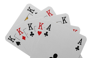 Four of a kind, playing cards for poker and casinos, isolated on white background with clipping path