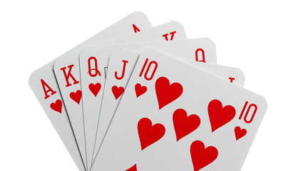 Royal flush, playing cards for poker and casinos, isolated on white background with clipping path