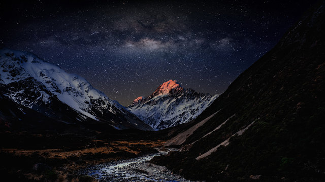 Scenic View Of Snowcapped Mountains Against Star Field