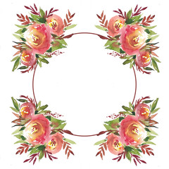 Fototapeta na wymiar Round frame from hand made watercolor drawing of flowers. Use for weddings, menus, invitations.