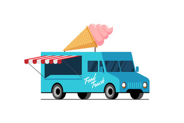 Fast food blue truck. Ice cream waffle cone on van roof. Sweet eskimo car delivery service or festival on street popsicle wheels vector flat illustration
