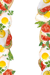 seamless hand drawn watercolor two-part frame template vertical design with breakfast food toasts bruschetta fried aggs asparagus parsley mozzarella tomato bread olive oil for cafe restaurant menu