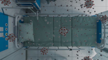 Top View of an Empty Hospital Bed with Virus Particles 3D Rendering