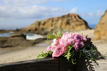 Bridal bouquet on the ocean. Bridal bouquet..Beautiful flower with peonies.