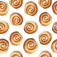seamless hand drawn watercolor pattern with tasty delicious cinnamon rolls buns bakery dessert homemade bread pastry for cafe restaurant dessert breakfast menu christmas brioche food for textile paper