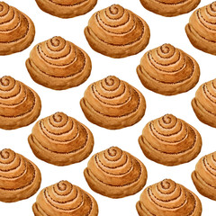 seamless hand drawn watercolor pattern with tasty delicious cinnamon rolls buns bakery dessert homemade bread pastry for cafe restaurant dessert breakfast menu christmas brioche food for textile paper