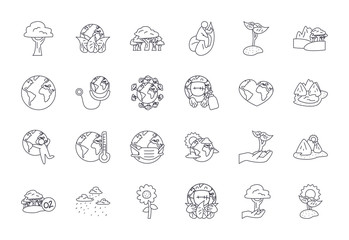 trees, planet and nature icon set, line style
