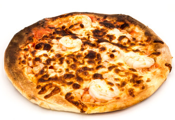 Pizza with scampi and shrimp cooked in a wood oven